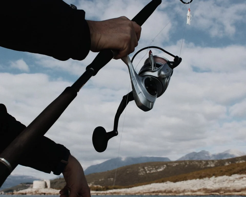 A hand holding a fishing rod and reel against the sky and distant coast.