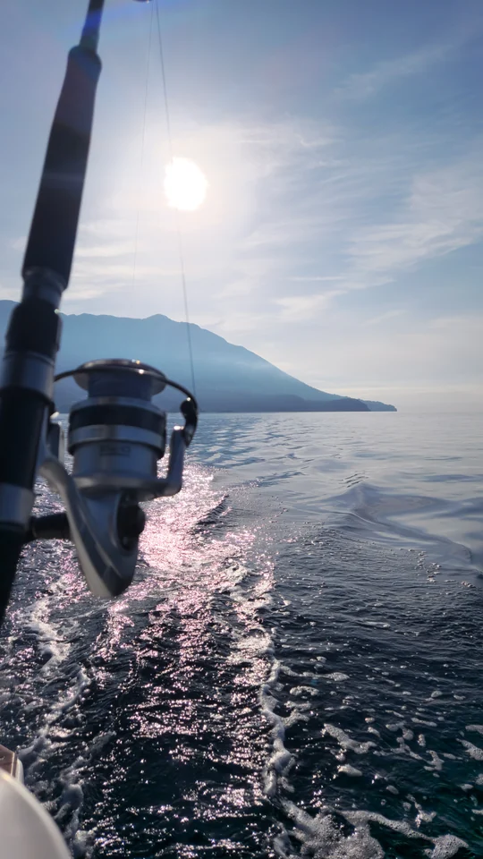 A fishing rod and reel above the boat's wake in bright sunlight.